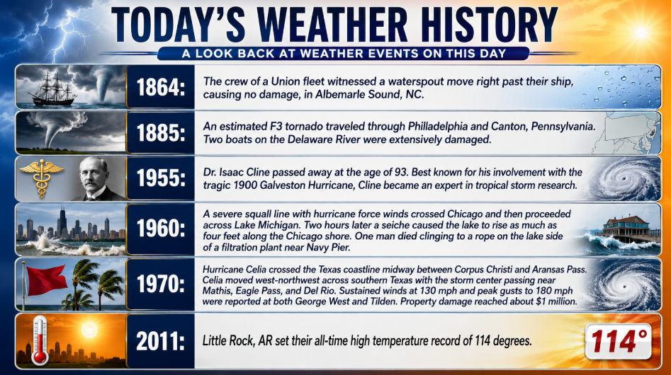 Infographic titled Today's Weather History, a timeline of notable weather events from 1864 to 2011 with icons and brief descriptions.